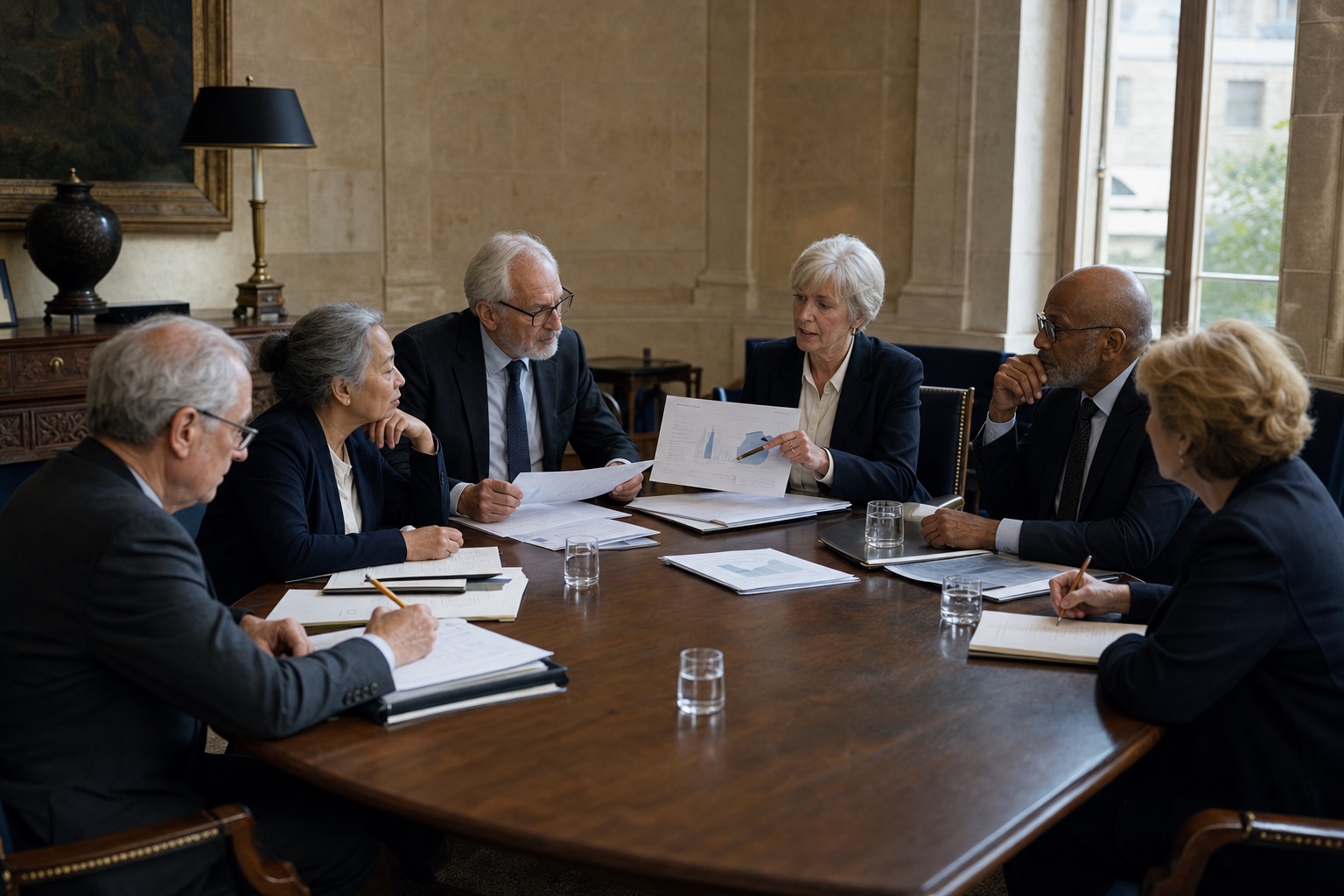 Illustrative image of a senior review council discussing evidence and evaluation documents around a table.