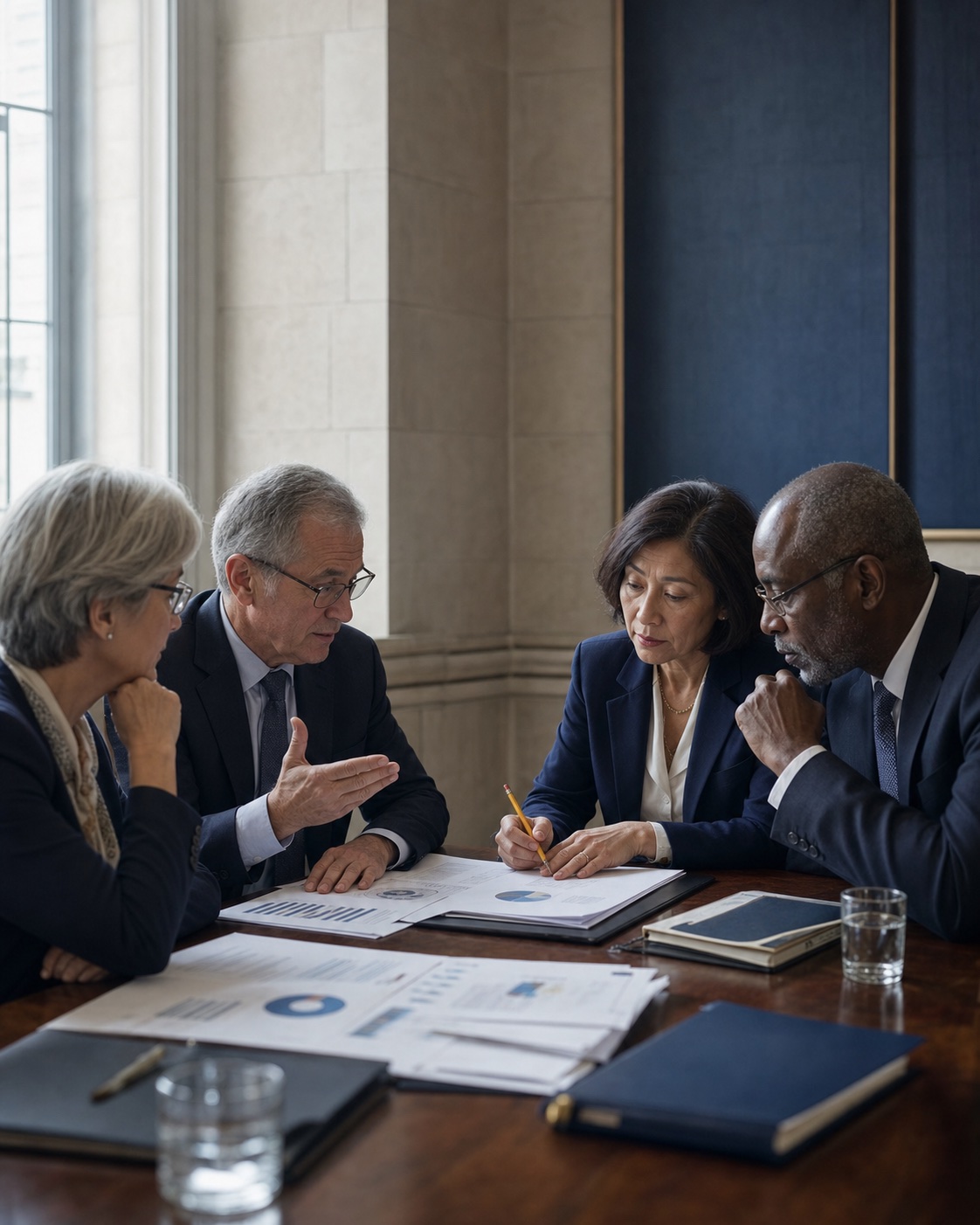 Illustrative image of a senior education review committee discussing evaluation documents.